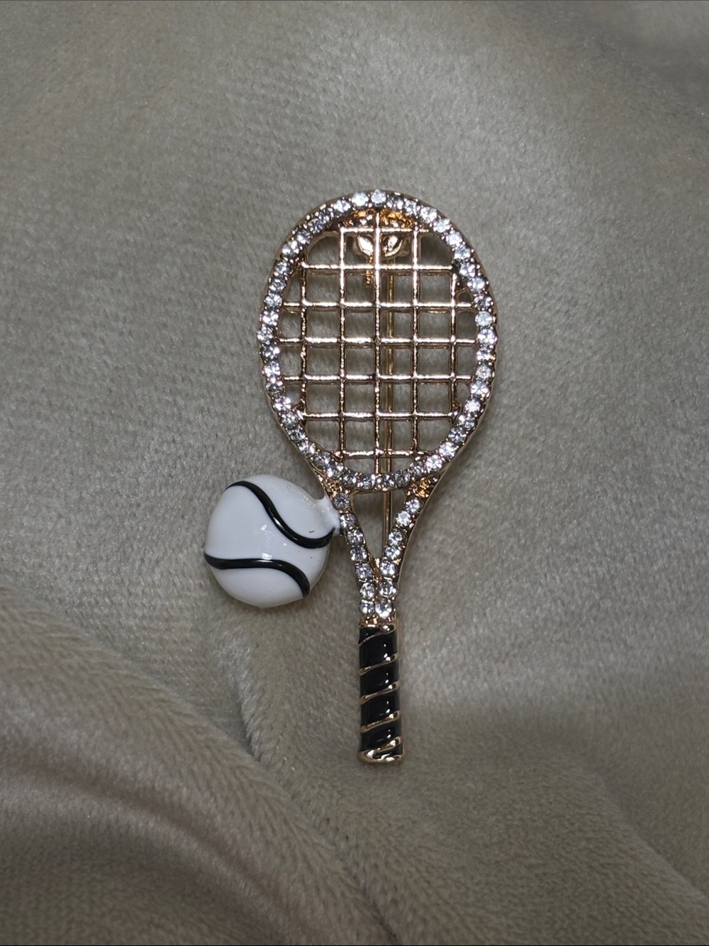 Gold Toned Tennis Racket and White Tennis Ball Brooch